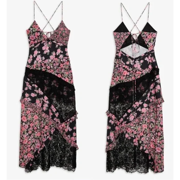 For Love & Lemons Rosalyn Maxi Dress Floral Lace Open Tie Back Black Pink Small - Picture 3 of 12